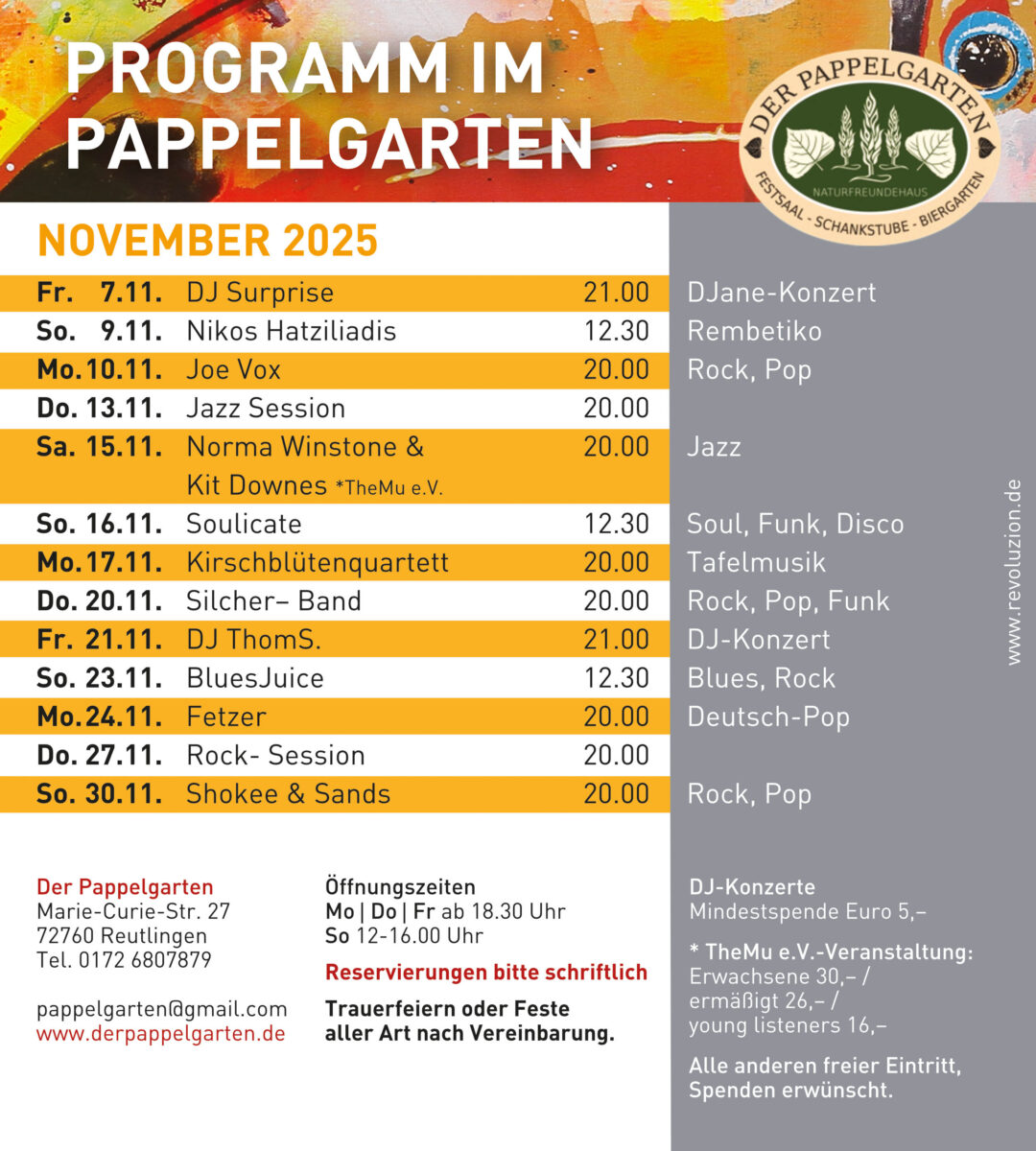 Pappelgarten Reutlingen Programm November 2025