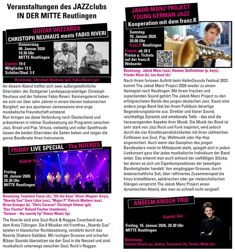 Jazzclub in der Mitte Reutlingen Programm Januar 2026