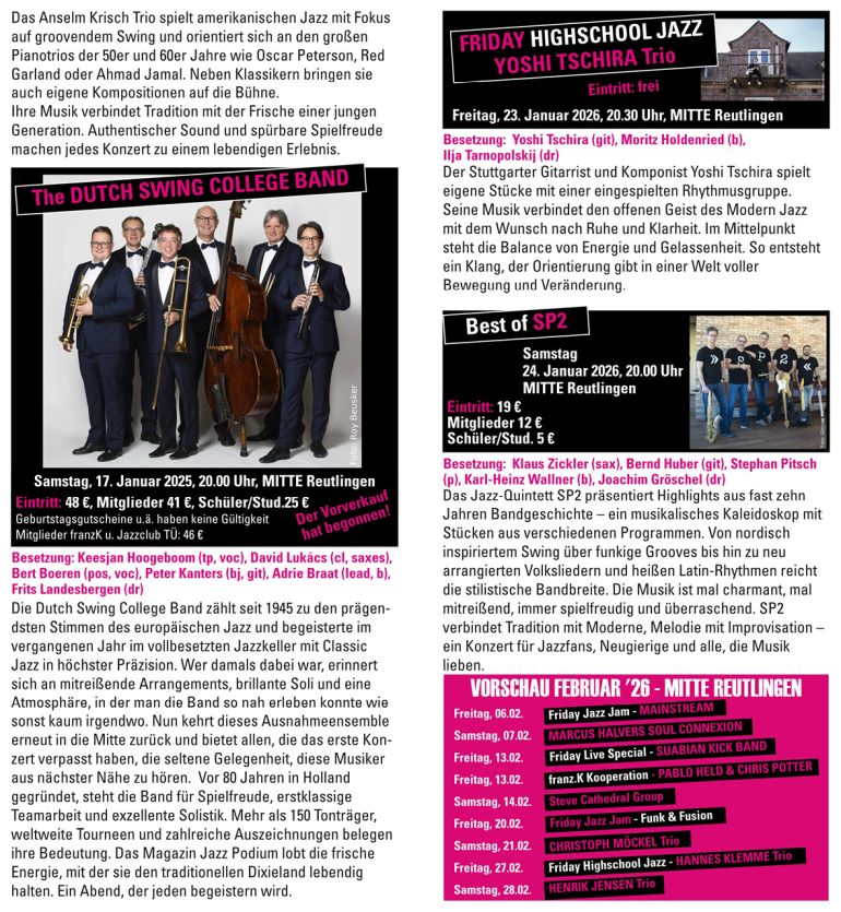 Jazzclub in der Mitte Reutlingen Programm Januar 2026