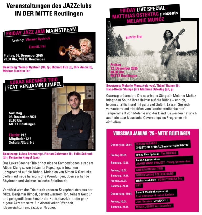 Jazzclub in der Mitte Reutlingen Programm Dezember 2025