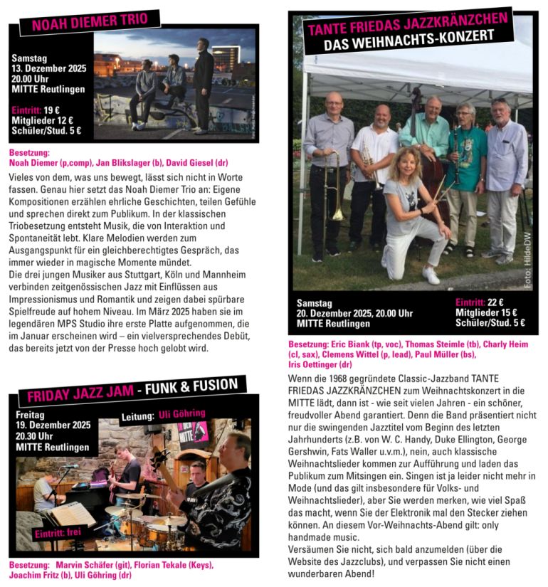 Jazzclub in der Mitte Reutlingen Programm Dezember 2025