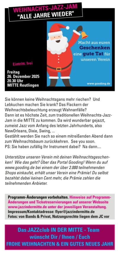Jazzclub in der Mitte Reutlingen Programm Dezember 2025