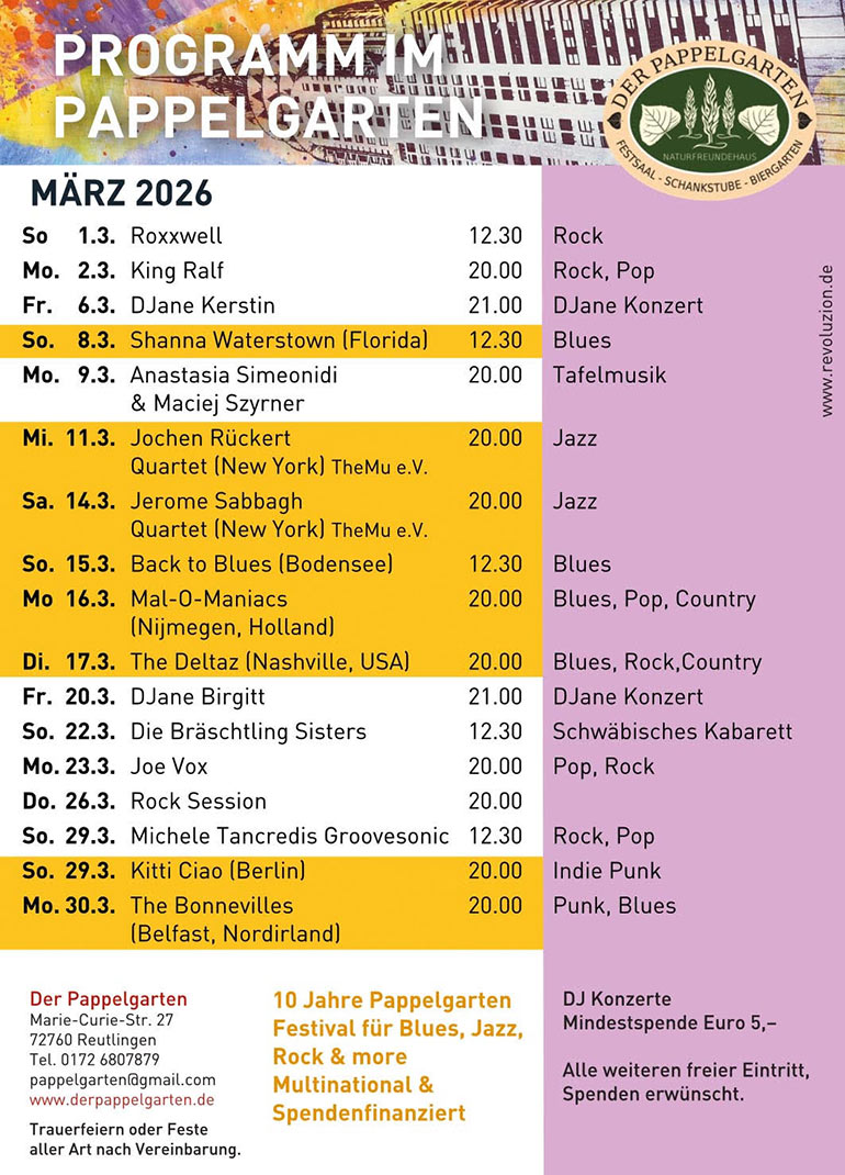 Pappelgarten Reutlingen Programm März 2026