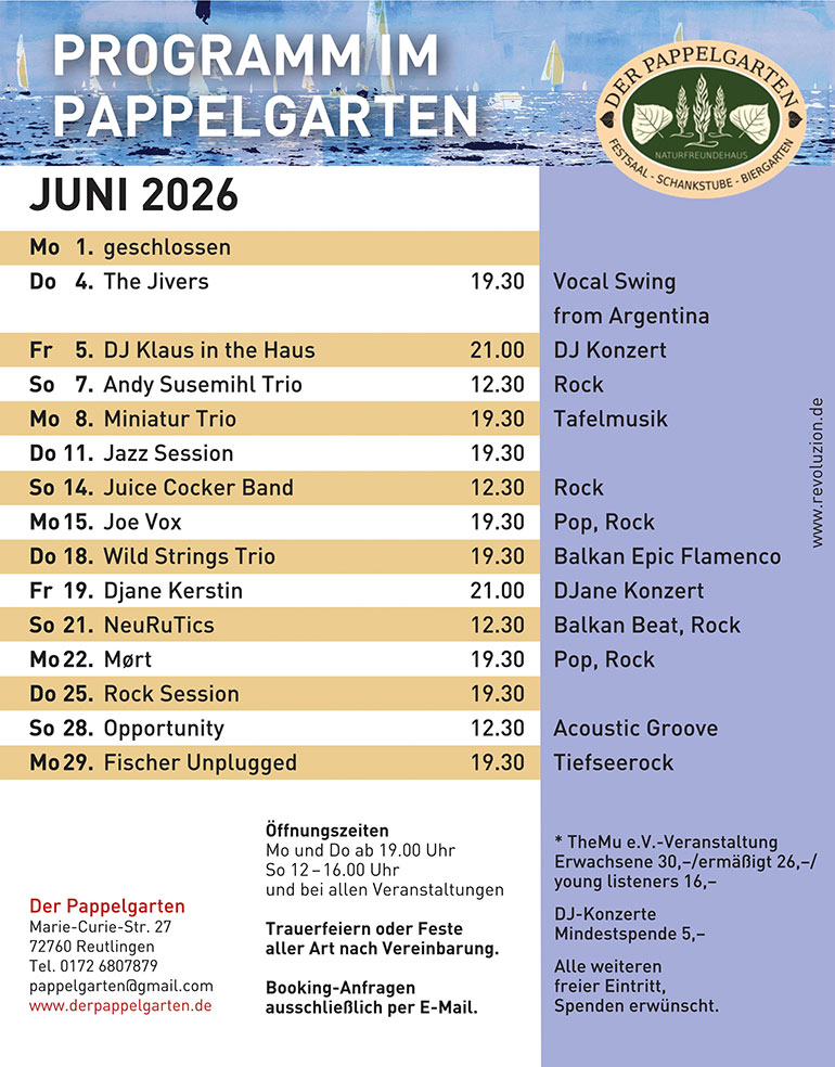 Programm des Pappelgarten Reutlingen Juni 2026