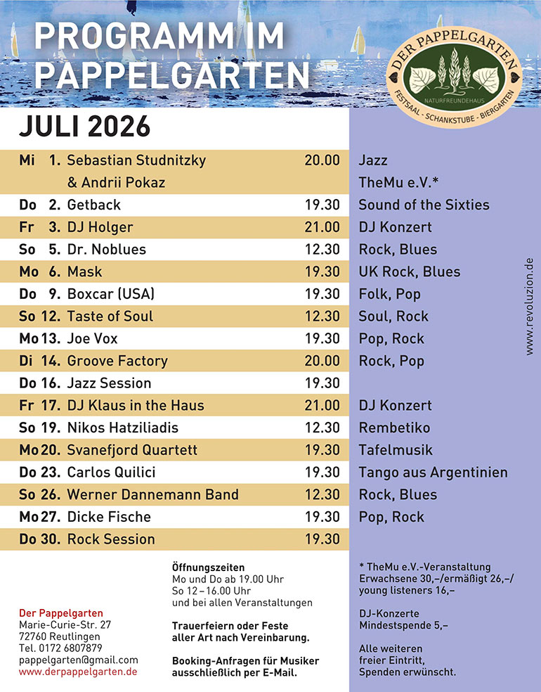 Programm des Pappelgarten in Reutlingen Juli 2026