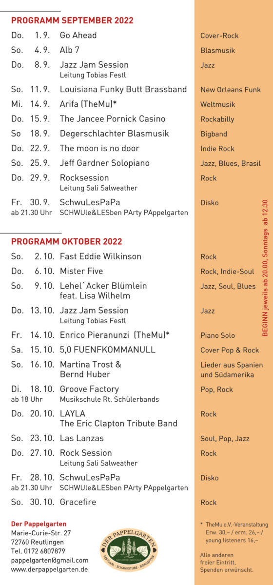 Pappelgarten Programm 2022 September Oktober