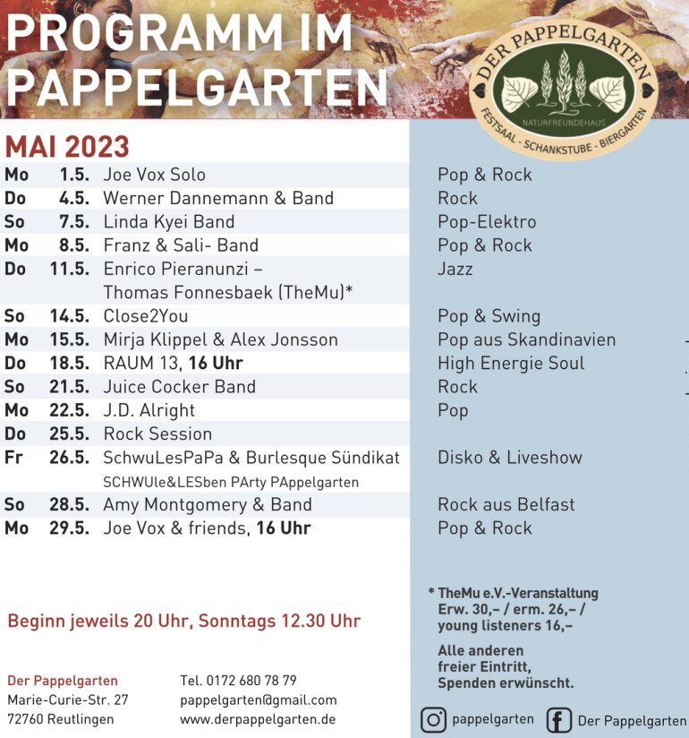 Pappelgarten Reutlingen Programm Mai 2023