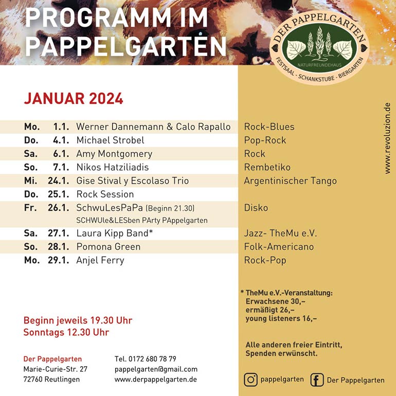 Pappelgarten Reutlingen Programm Januar 2024