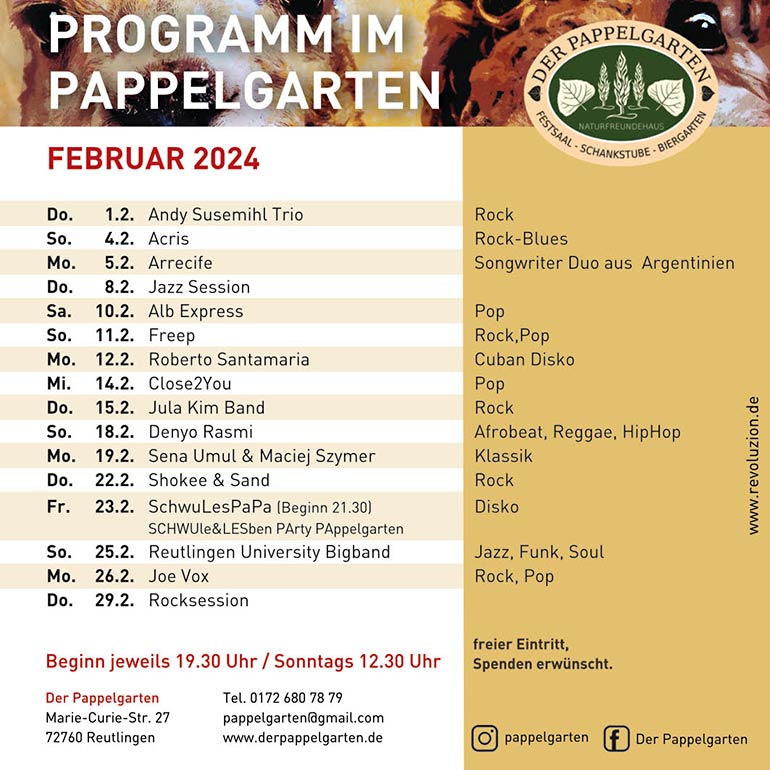 Pappelgarten Reutlingen Programm Februar 2024