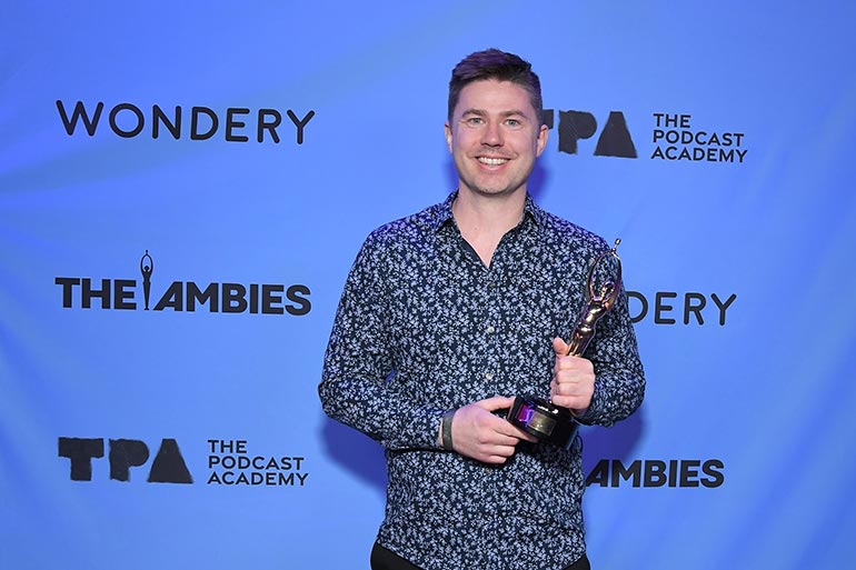 The Ambie goes to: Daniel Herskedal - Photo by Charley Gallay/Getty Images for The Podcast Academy/The Ambies